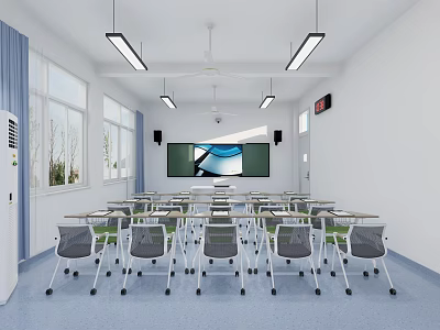 School Modern Classroom Interior With Neat Desks And Chairs Large Screen Windows And Lighting 3d model