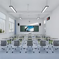School Modern Classroom Interior With Neat Desks And Chairs Large Screen Windows And Lighting