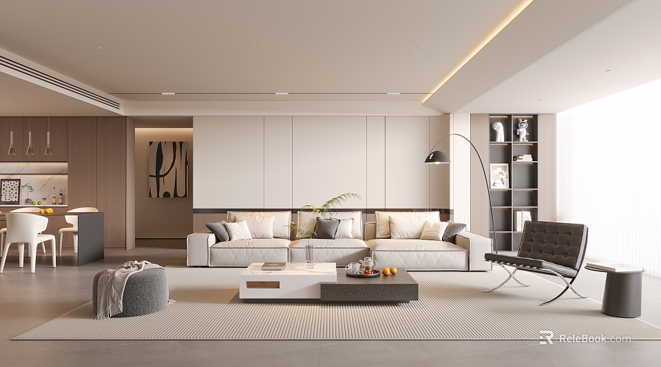 Modern Living Room Interior With Large Sofa Coffee Table Floor Lamp And Bookshelf 3d model 