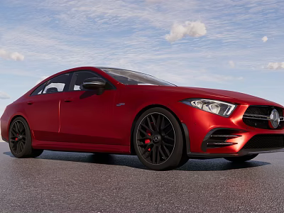 Red Mercedes Benz Sporty Sedan With Modern Design And Blue Sky Background 3d model