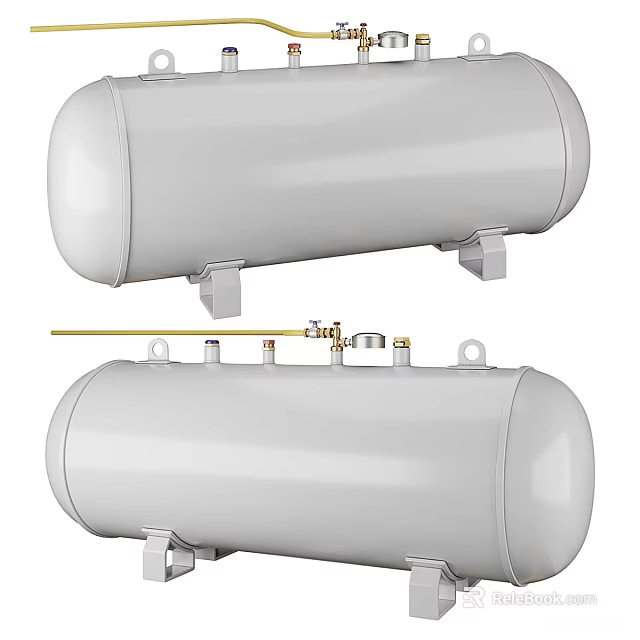 Two White Cylindrical Air Storage Tanks With Metal Brackets Valves And Pipes 3d model 