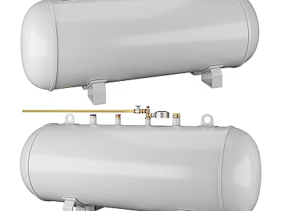 Two White Cylindrical Air Storage Tanks With Metal Brackets Valves And Pipes 3d model
