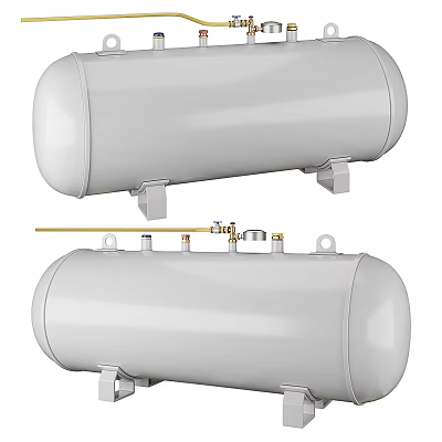 Two White Cylindrical Air Storage Tanks With Metal Brackets Valves And Pipes 3d model