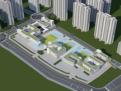 Modern School Building Complex With Green Roofs Courtyard And Surrounding High Rise Buildings 3d model