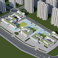 Modern School Building Complex With Green Roofs Courtyard And Surrounding High Rise Buildings