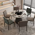 Round Dining Table Set With Six Chairs Round Rug Decorative Vase Tableware And Window Greenery 3d model