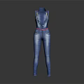 Blue Denim Jumpsuit with Adjustable Straps and Pink Waist Belt for Casual Daily Wear Style