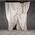 Floral Installation with Beige Pleated Drapes Chandelier Gray Background Wall and Floor
