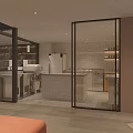 Contemporary Kitchen Interior With White Tiled Walls Open Shelves Spices And Island Counter
