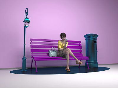 Person In Yellow Top Sitting On Purple Bench With Blue Street Lamp And Mailbox 3d model