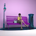 Person In Yellow Top Sitting On Purple Bench With Blue Street Lamp And Mailbox