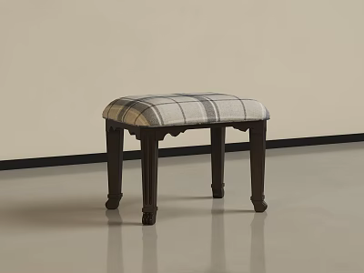 Elegant Classic Stool With Plaid Fabric Cushion And Dark Wooden Legs In Minimalist Interior 3d model