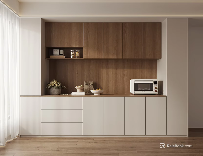 Modern Open Kitchen Wine Cabinet Design With Sleek Wooden Shelves And Storage 3d model 