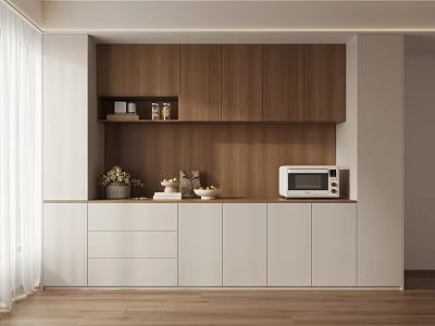 Modern Open Kitchen Wine Cabinet Design With Sleek Wooden Shelves And Storage 3d model
