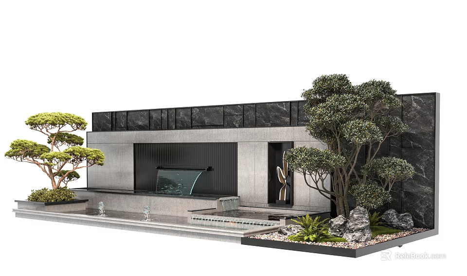 Modern Landscape Wall Design With Water Feature Trees Stones And Steps 3d model 