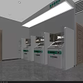 Bank Interior With Row Of White ATM Machines And Green Signage On Gray Floor