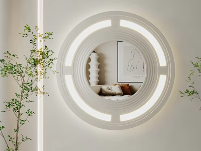 Round Illuminated Mirror in Modern Interior Reflecting Vase Art and Green Plants 3d model