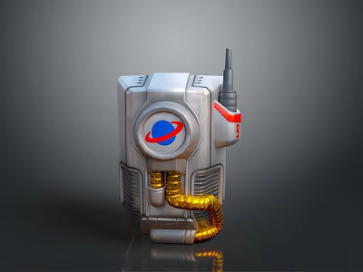 Futuristic Silver Sci Fi Weapon With Antenna Blue Red Circular Logo And Golden Pipes 3d model