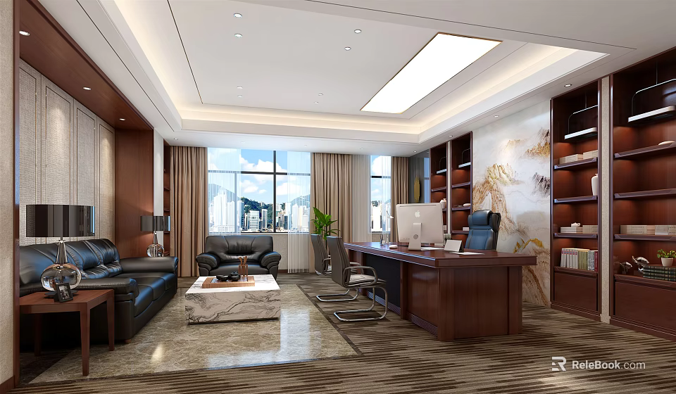 Modern Office Interior With Large Windows Sofa Wooden Desk Bookshelves And Marble Coffee Table 3d model 