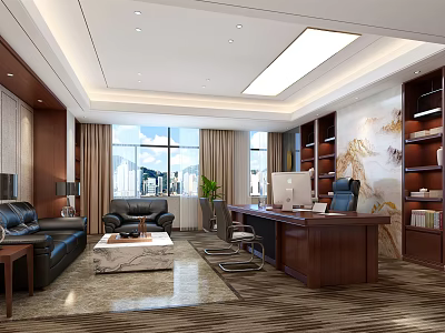Modern Office Interior With Large Windows Sofa Wooden Desk Bookshelves And Marble Coffee Table 3d model