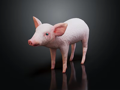 Pink Pig With Big Ears Blue Eyes Standing On Black Background With Reflection 3d model