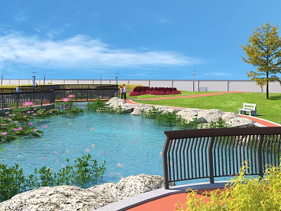 Scenic Park Landscape With Pond Lotus Flowers Walking Pathway Wooden Bench And Green Grass 3d model