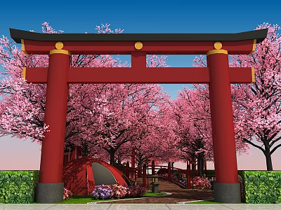 Red Torii Gate Photo Spot With Pink Cherry Blossom Trees And Scenic Pathway 3d model