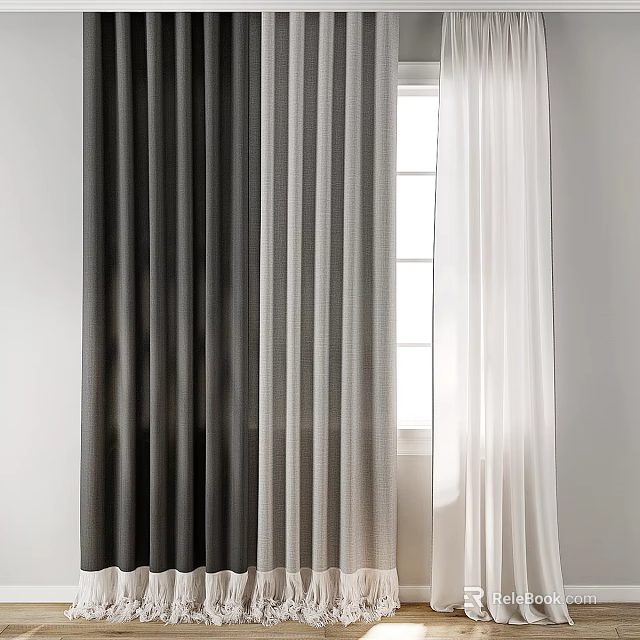 Elegant Dark And Light Layered Curtains For Window With Natural Light 3d model