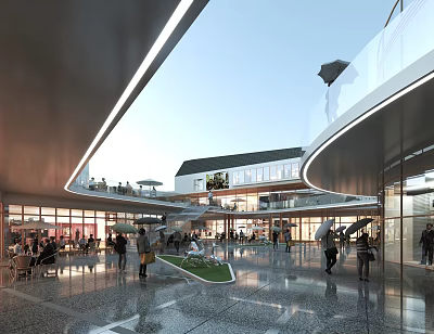 Modern Commercial Street With Multi Level Architecture Open Plaza And Pedestrian Activity 3d model