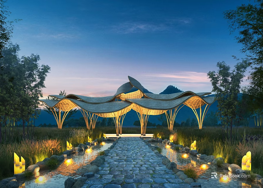 Serene Garden Landscape With Modern Wooden Pavilion Wavy Roof Stone Path And Evening Lights 3d model 