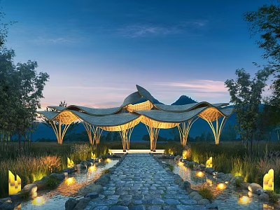Serene Garden Landscape With Modern Wooden Pavilion Wavy Roof Stone Path And Evening Lights 3d model