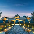Serene Garden Landscape With Modern Wooden Pavilion Wavy Roof Stone Path And Evening Lights
