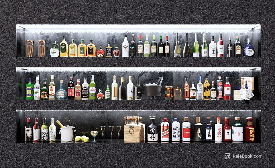 Assorted Wine Bottles and Glasses Displayed on Shelves with Ice Bucket and Lemon Slices 3d model 