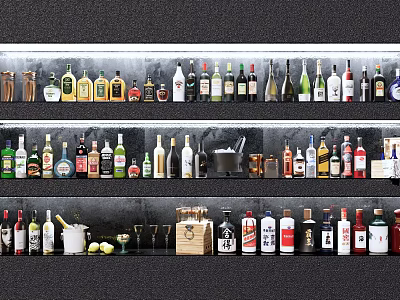 Assorted Wine Bottles and Glasses Displayed on Shelves with Ice Bucket and Lemon Slices 3d model