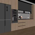 Modern Kitchen Sideboard with Dark Refrigerator Built-in Oven and Wooden Cabinets