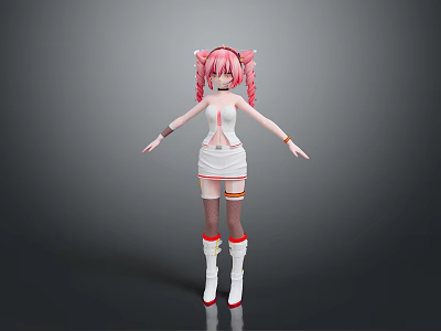 Anime Style Game and Movie Character With Pink Pigtails White Dress and Red Accent Boots 3d model