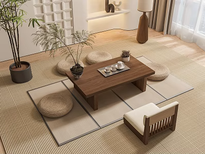 Modern Interior With Wooden Tea Table Round Cushions Rug Plants And Floor Lamp 3d model