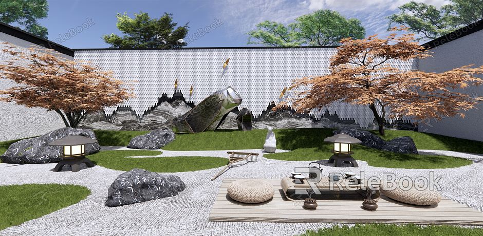 Japanese-style courtyard Zen courtyard garden withered mountain stone landscape wall stone rockery landscape stone tea table tea table and chair red maple tree model