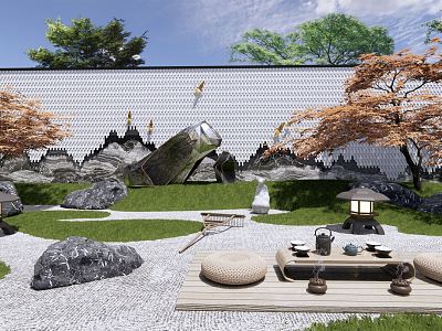 Japanese-style courtyard Zen courtyard garden withered mountain stone landscape wall stone rockery landscape stone tea table tea table and chair red maple tree model