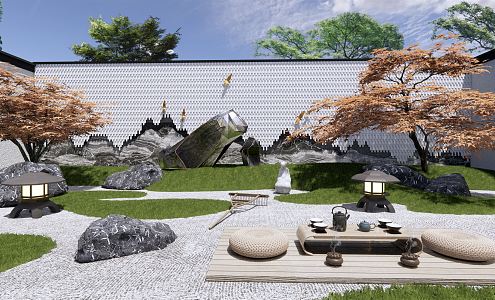 Japanese-style courtyard Zen courtyard garden withered mountain stone landscape wall stone rockery landscape stone tea table tea table and chair red maple tree 3d model