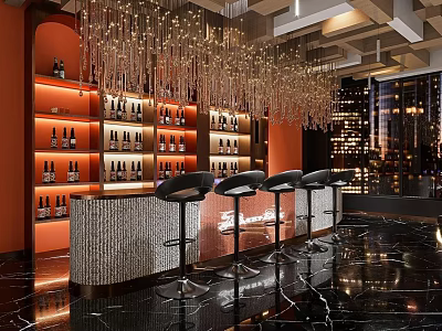 Luxurious Bar Interior With Stools Wine Shelves Chandelier And City View 3d model