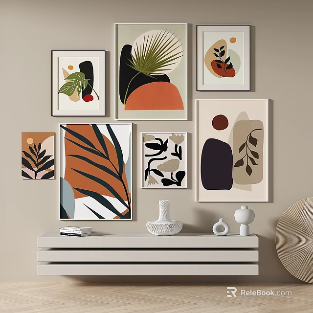 Abstract Art Prints Wall Decor Above White Console Table With Ornaments 3d model