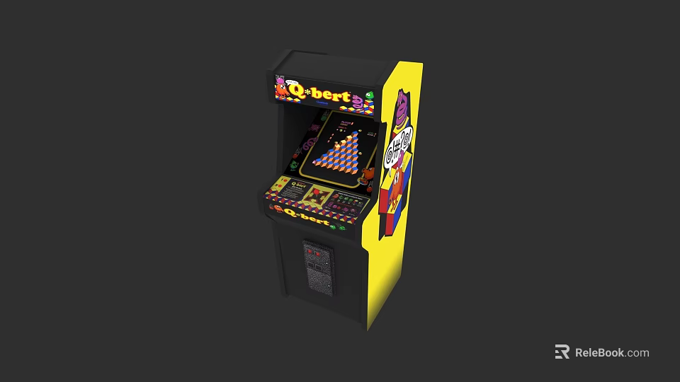 Q BERT Arcade Game Machine With Vibrant Yellow Black Design And Colorful Graphics 3d model 