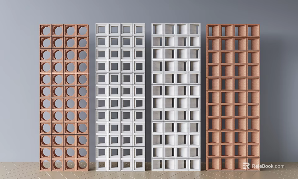 Modular Room Dividers in Orange and White with Geometric Cutout Designs 3d model 