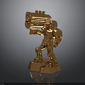 Golden Mechanical Robot Character Holding Large Weapon On Pedestal Base