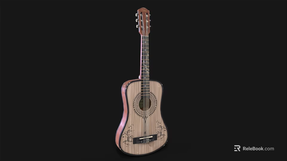 Wooden Acoustic Guitar With Artistic Carved Details For Musical Instrument And Art Supplies 3d model 