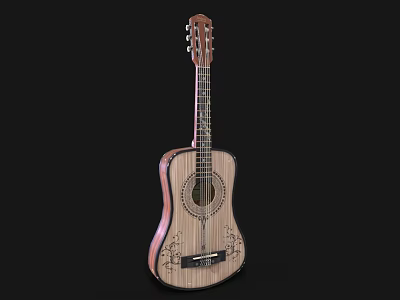 Wooden Acoustic Guitar With Artistic Carved Details For Musical Instrument And Art Supplies 3d model