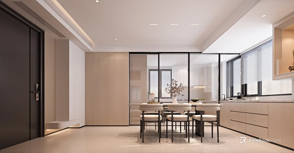 Modern Minimalist Restaurant Interior With Open Space Dining Table And Natural Light 3d model