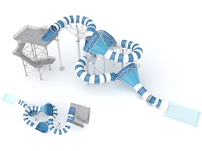 Blue And White Spiral Water Slide Rides With Platform And Tubular Structure For Water Park 3d model