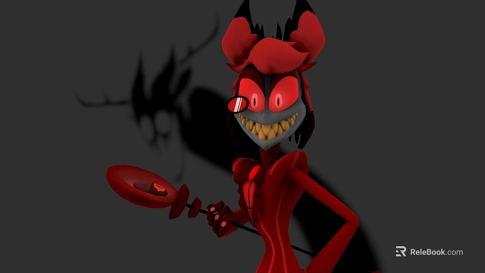 Red Demon Game Character With Horns Red Eyes And Eyepatch Holding Spoon In Gray Background 3d model 